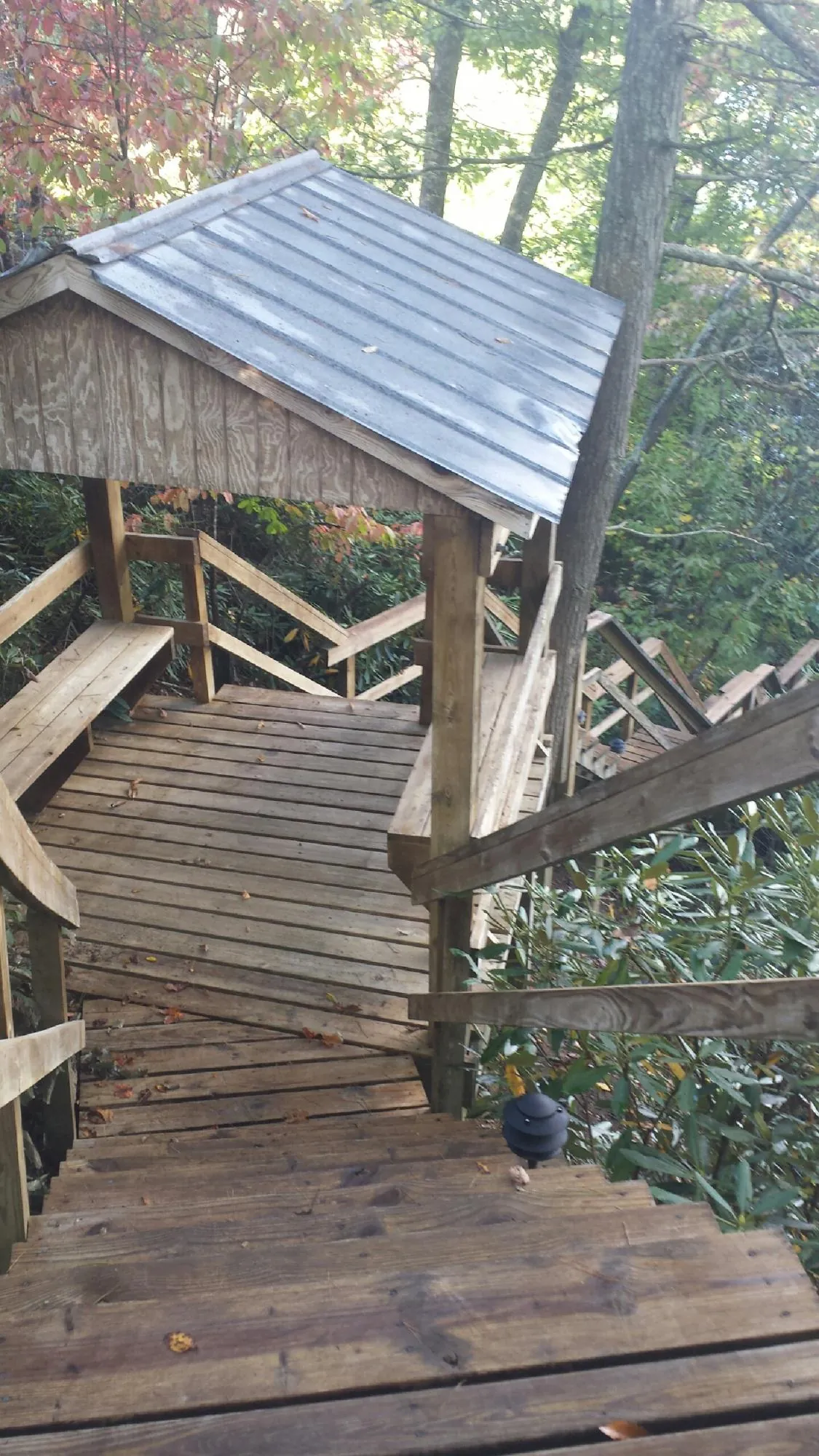 Metal roofed shelter over wooden steps on a wooded walkway — Skylight Repair & Installation work by our crew in Sweet Home